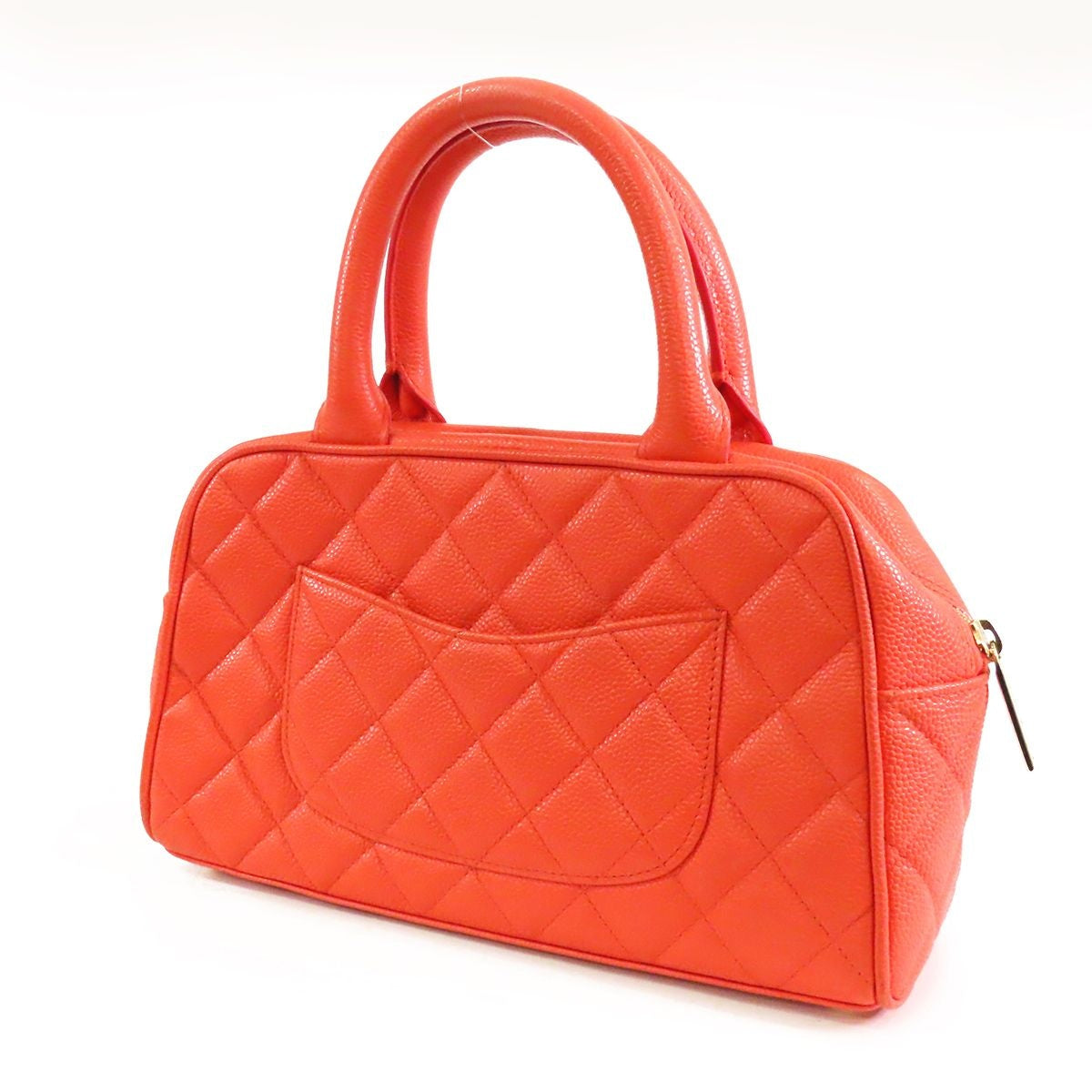 Chanel Mini Boston Bag Coral Gold Caviar Leather Quilted Stitching CC Logo — view 2
