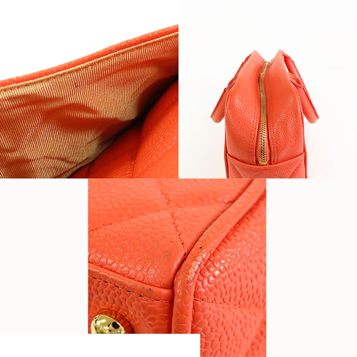 Chanel Mini Boston Bag Coral Gold Caviar Leather Quilted Stitching CC Logo — view 6