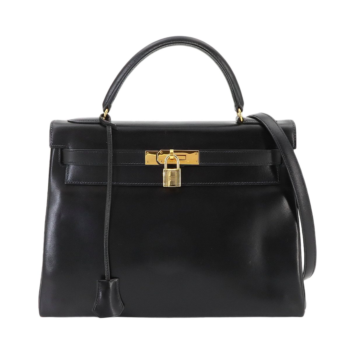 Hermes Kelly 32 Box Calf Black 2-Way Hand Bag Retourne Vintage