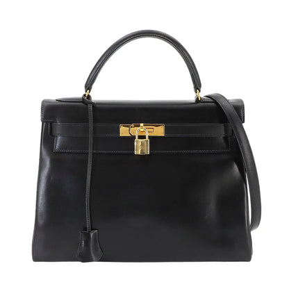 Hermes Kelly 32 Box Calf Black 2-Way Hand Bag Retourne Vintage