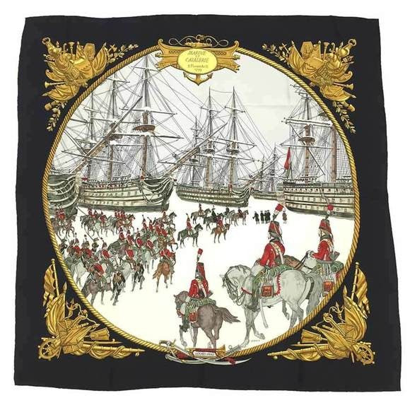 Hermes Carre 90 Marine Et Cavalerie Sea and Cavalry Large Scarf Black Multi All-over Print Silk