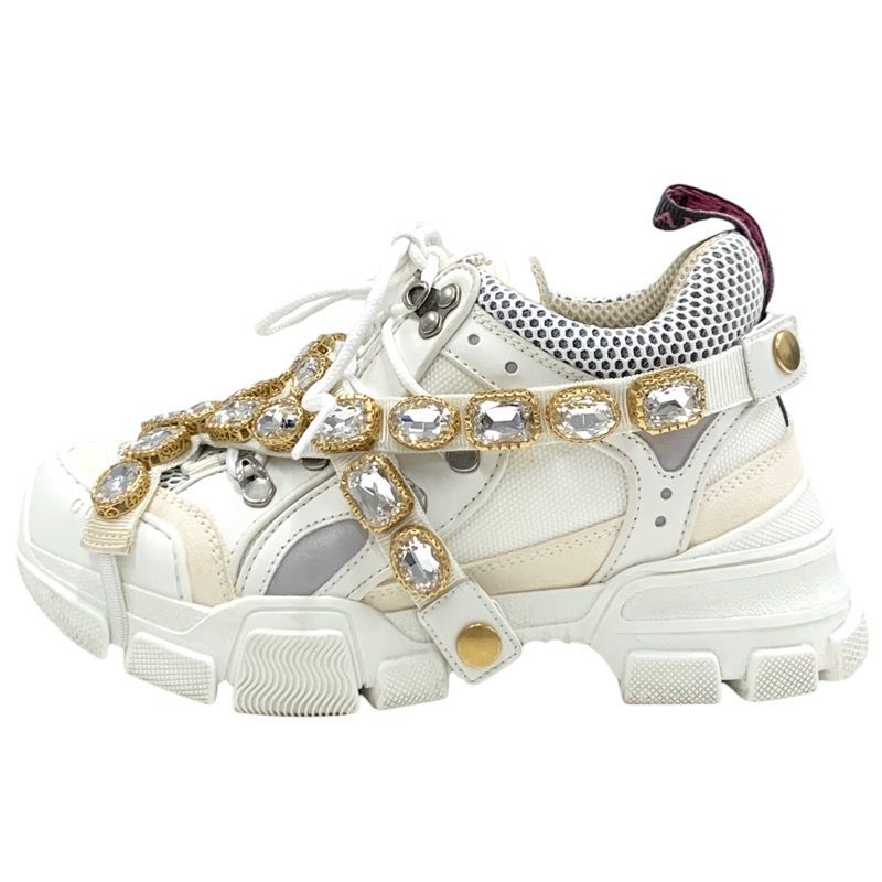 Gucci Flashtrek Sneakers Shoes Leather Fabric White Beige White Gold Logo Bijou