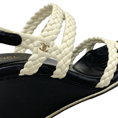 Chanel Sandals Shoes Lambskin White Black Coco Mark Braided Wedge Sole