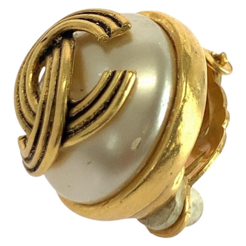 Chanel Faux Pearl Coco Mark Gold White Plated/faux Pearl Earrings 94 A Engraved