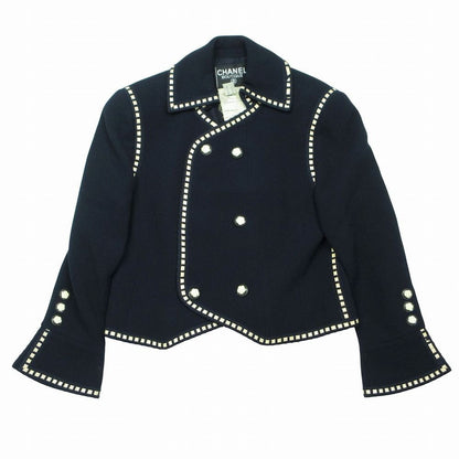Chanel Vintage Tweed Camellia Button Cropped Jacket 38 M Navy