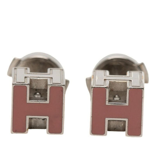 Hermes Cage de Ash Cube Earrings Silver Pink Metal Enamel