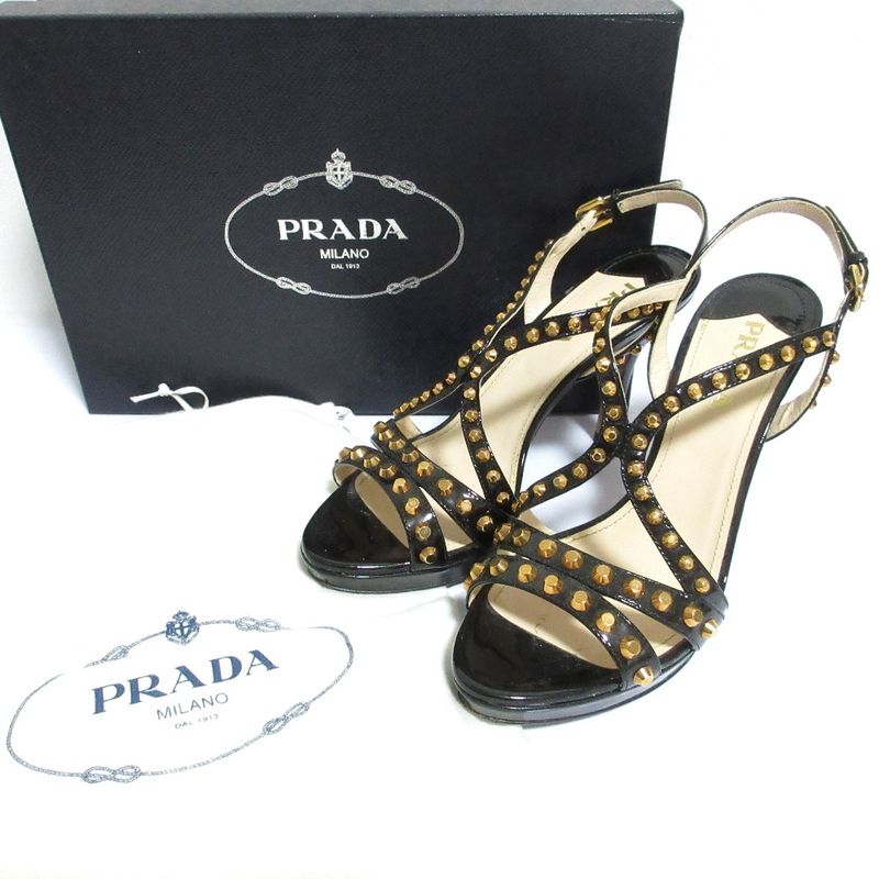 Prada Studded Enamel Back Strap Pin Heel Sandals 37 23.5cm (9.25in) Equivalent