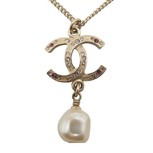 Chanel 12A Necklace Light Gold Metal CC Logo Faux Pearl Costume 12 — view 3