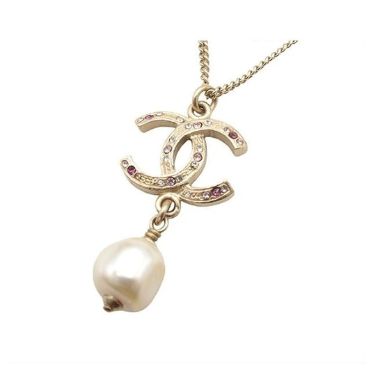 Chanel 12A Necklace Light Gold Metal CC Logo Faux Pearl Costume 12