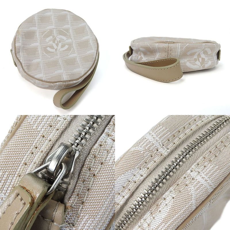 Chanel Pouch New Travel Line Coco Mark 7th Beige Jacquard Nylon Round Small