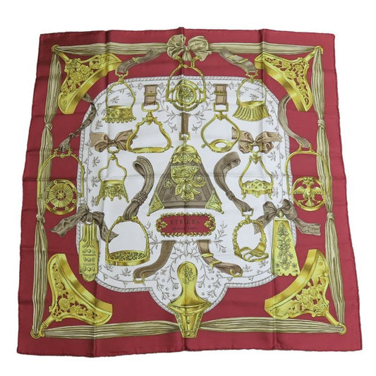 Hermes Scarf Carre 90 Silk Red White Yellow Fashionable Equestrian Pattern