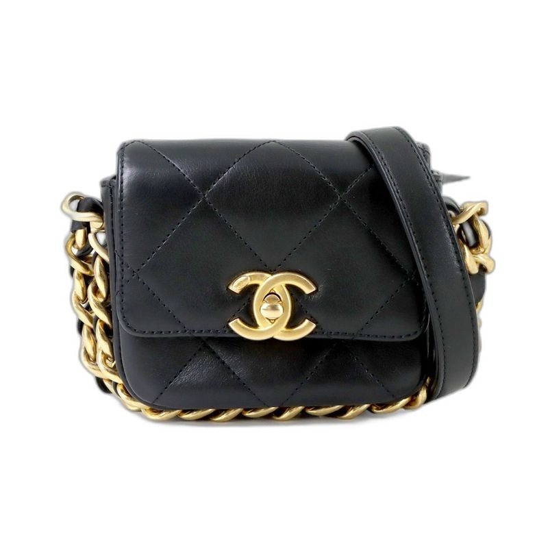 Chanel Mini Quilted Chain Shoulder Bag Leather Black Gold