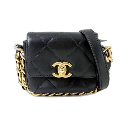Chanel Mini Quilted Chain Shoulder Bag Leather Black Gold