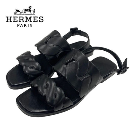 Hermes Grace Sandals Shoes Leather Black Flat Sandals