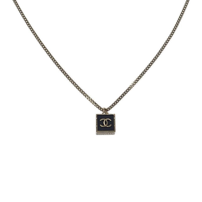 Chanel CC Square Necklace Metal Gold Black Pendant Choker Class