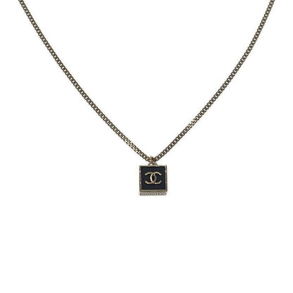 Chanel CC Square Necklace Metal Gold Black Pendant Choker Class