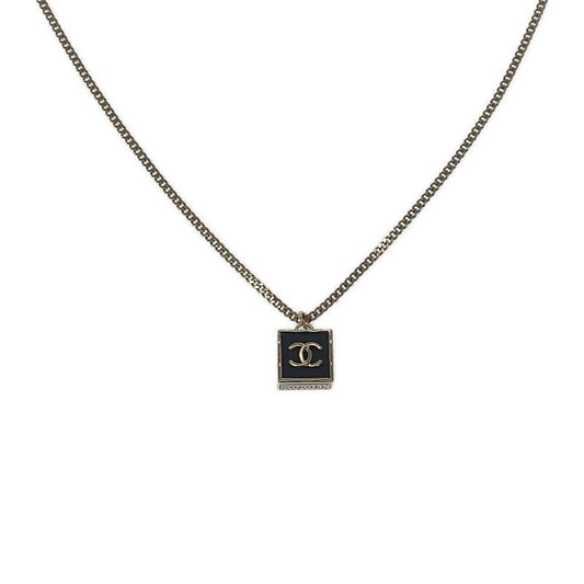 Chanel CC Square Necklace Metal Gold Black Pendant Choker Class