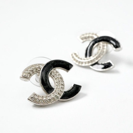Chanel Earrings Silver Black Coco Mark Rhinestone