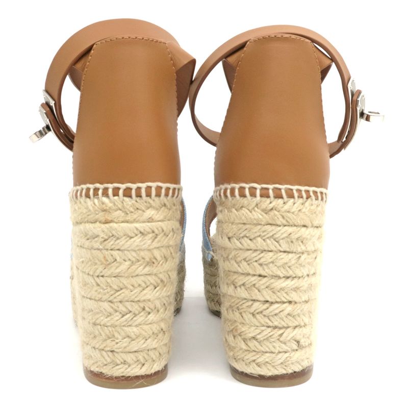 Hermes Espadrilles Tivoli Wedge Sole Sandals Blue Brown 37 Women's