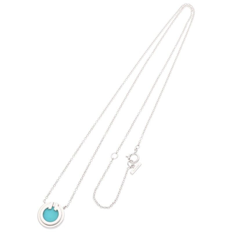 Tiffany & Co T TWO Circle 18K White Gold Turquoise Necklace Women 18inch