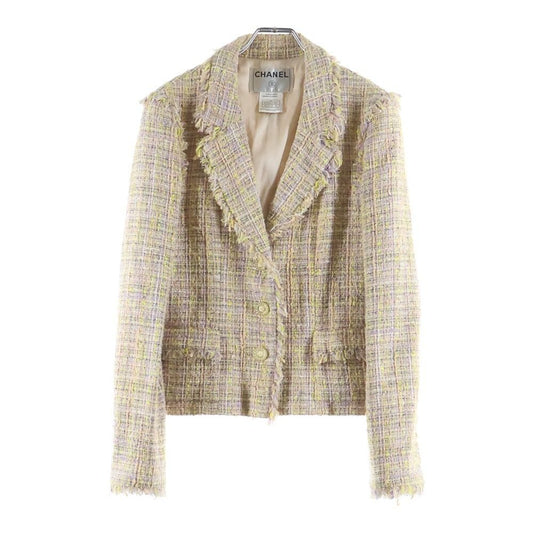Chanel CC Logo Button Cotton Tweed Jacket Pink Yellow