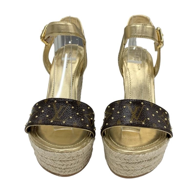 Louis Vuitton Starboard Line Monogram Sandals Shoes Leather Gold Brown Studs