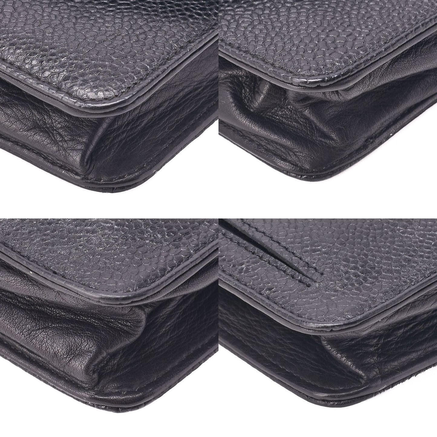 Chanel Shoulder Bag Chain Wallet Caviar Skin Black Silver Hardware Push Lock