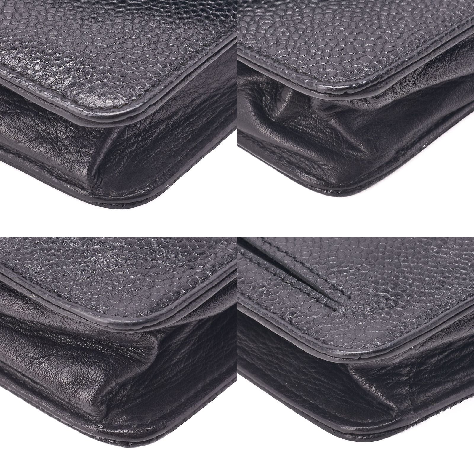 Chanel Shoulder Bag Chain Wallet Caviar Skin Black Silver Hardware Push Lock