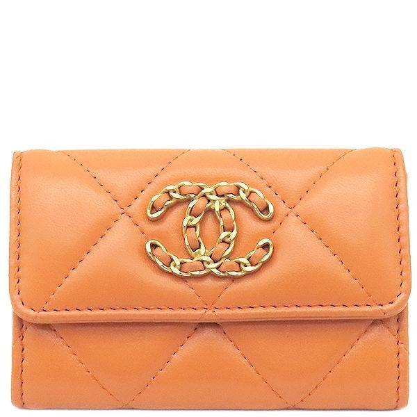 Chanel Card Case Quilted Holder Lambskin Orange Gold Hardware Coco Mark