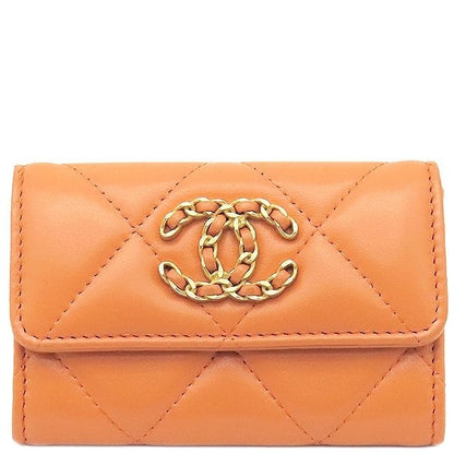 Chanel Card Case Quilted Holder Lambskin Orange Gold Hardware Coco Mark