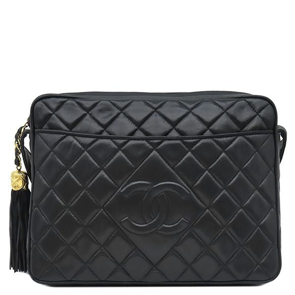Chanel Shoulder Bag Quilted Lambskin Black Gold Fringe 25