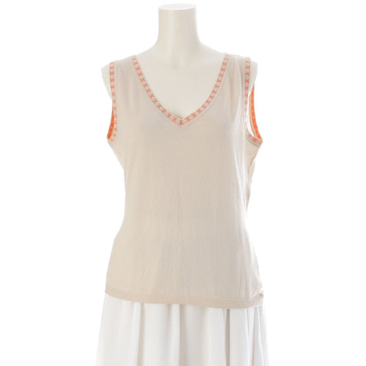 Chanel Cashmere CC Logo Top V-neck Sleeveless Knit Beige 42