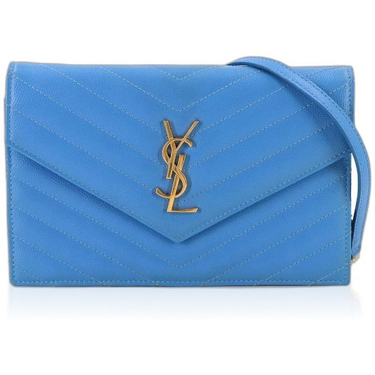 Saint Laurent Cassandra Envelope Chain Wallet Leather Blue