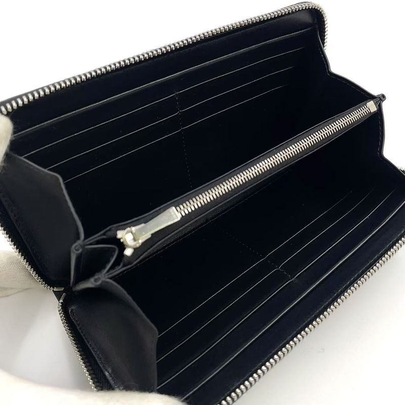 Celine Logo Leather Round Zip Leather Black Wallet Silver