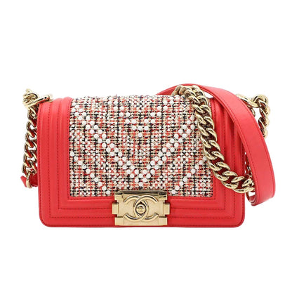 Chanel Small Chain Shoulder Bag Tweed Leather Pink White
