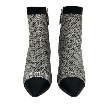 Chanel Boots Short Boots Shoes Fabric Leather Silver Black Logo