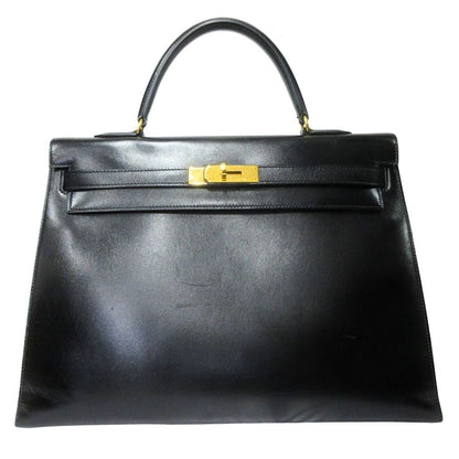 Hermes Kelly 35 Hand Bag Box Calfskin Leather Sellier Gold Vintage Black