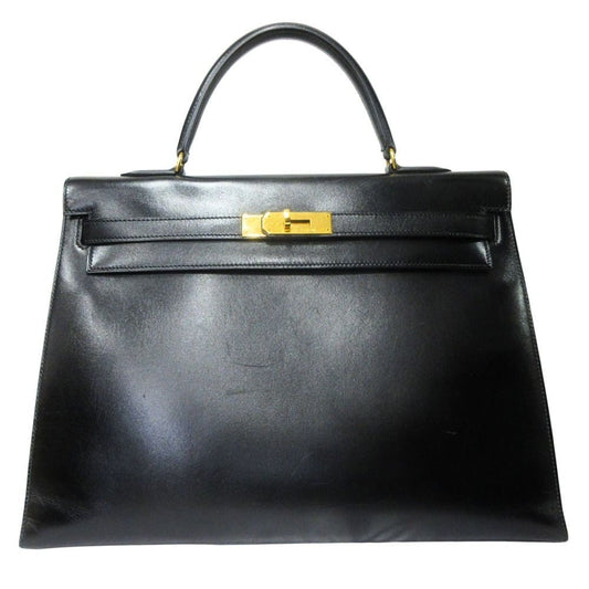 Hermes Kelly 35 Hand Bag Box Calfskin Leather Sellier Gold Vintage Black