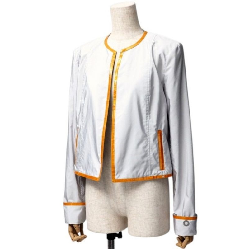 Chanel Collarless Jacket Size 40 00 T Buttonless Piping Logo Metal Lightweight
