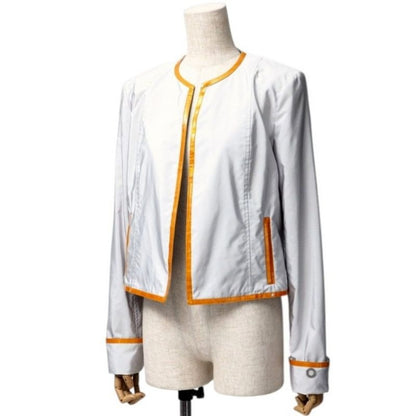 Chanel Collarless Jacket Size 40 00 T Buttonless Piping Logo Metal Lightweight