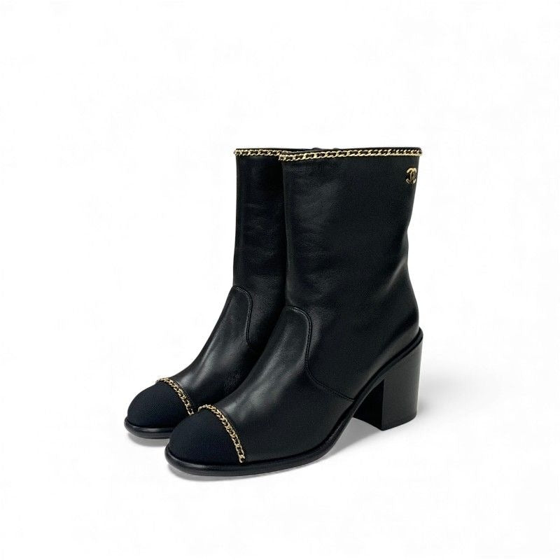 Chanel Short Boots Shoes Leather Fabric Black Gold CC Logo Chain