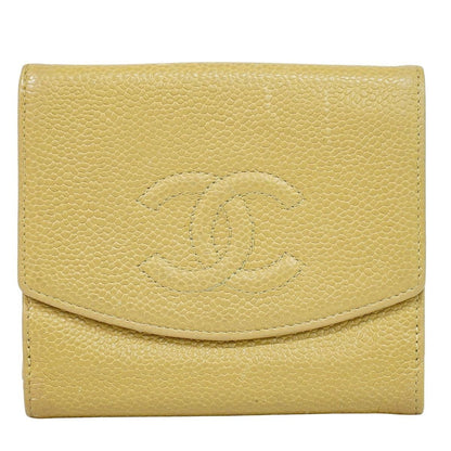 Chanel CC Logo Bifold Wallet Compact Caviar Leather Beige