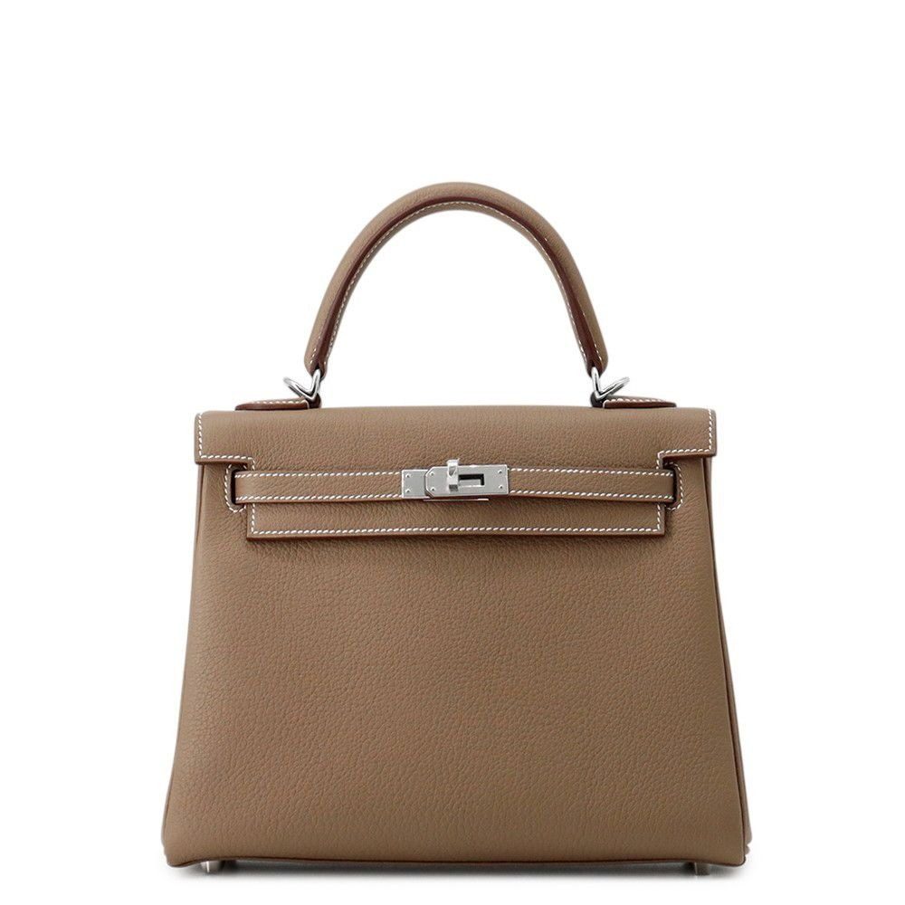 Hermes Handbag Kelly 25 Retourne Etoupe Silver Togo 2-Way