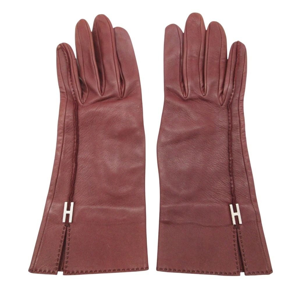 Hermes Gloves H Logo Silver Leather Glove Lambskin Brown
