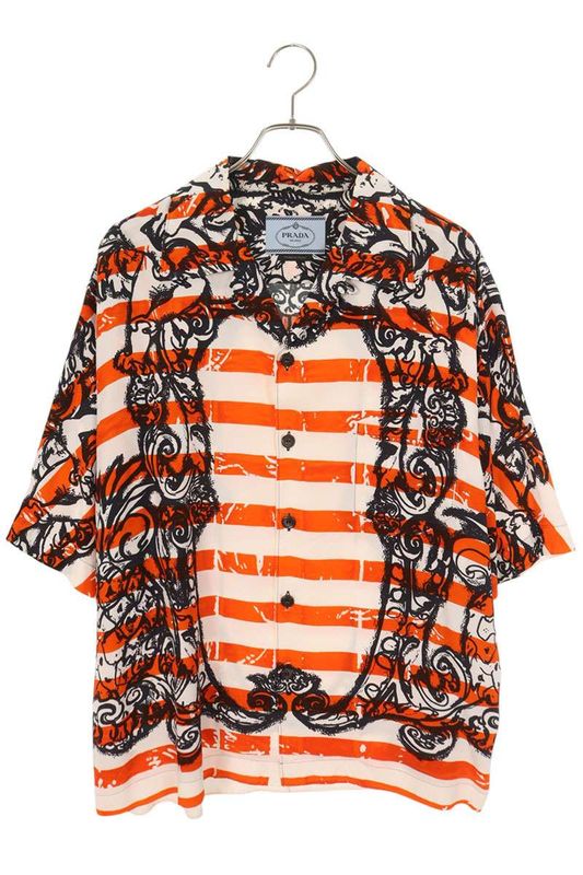 Prada 18AW Ucs318 Open Collar Striped Short Sleeve Shirt Men's XL