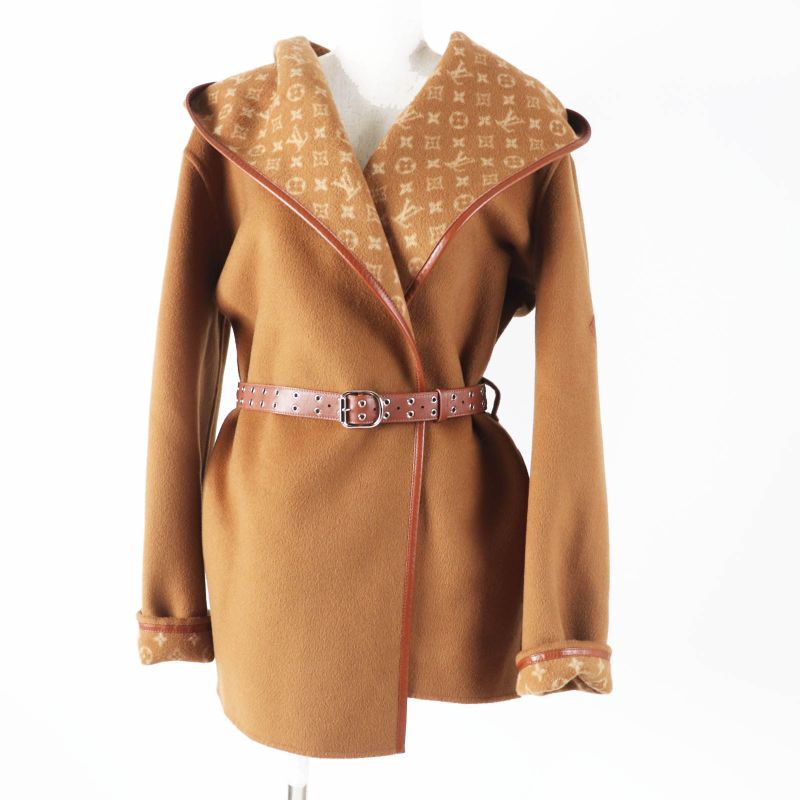 Louis Vuitton 1a8262 Wool Silk Lined Monogram Pattern Hooded Wrap Coat Camel 42