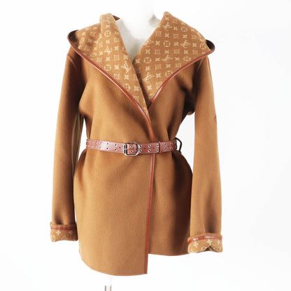Louis Vuitton 1a8262 Wool Silk Lined Monogram Pattern Hooded Wrap Coat Camel 42