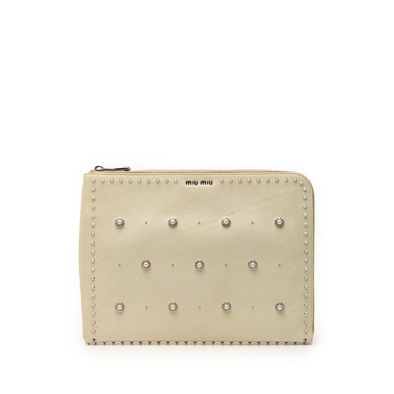 Miu Miu Miu Studded Clutch Ivory White Leather Line Stone