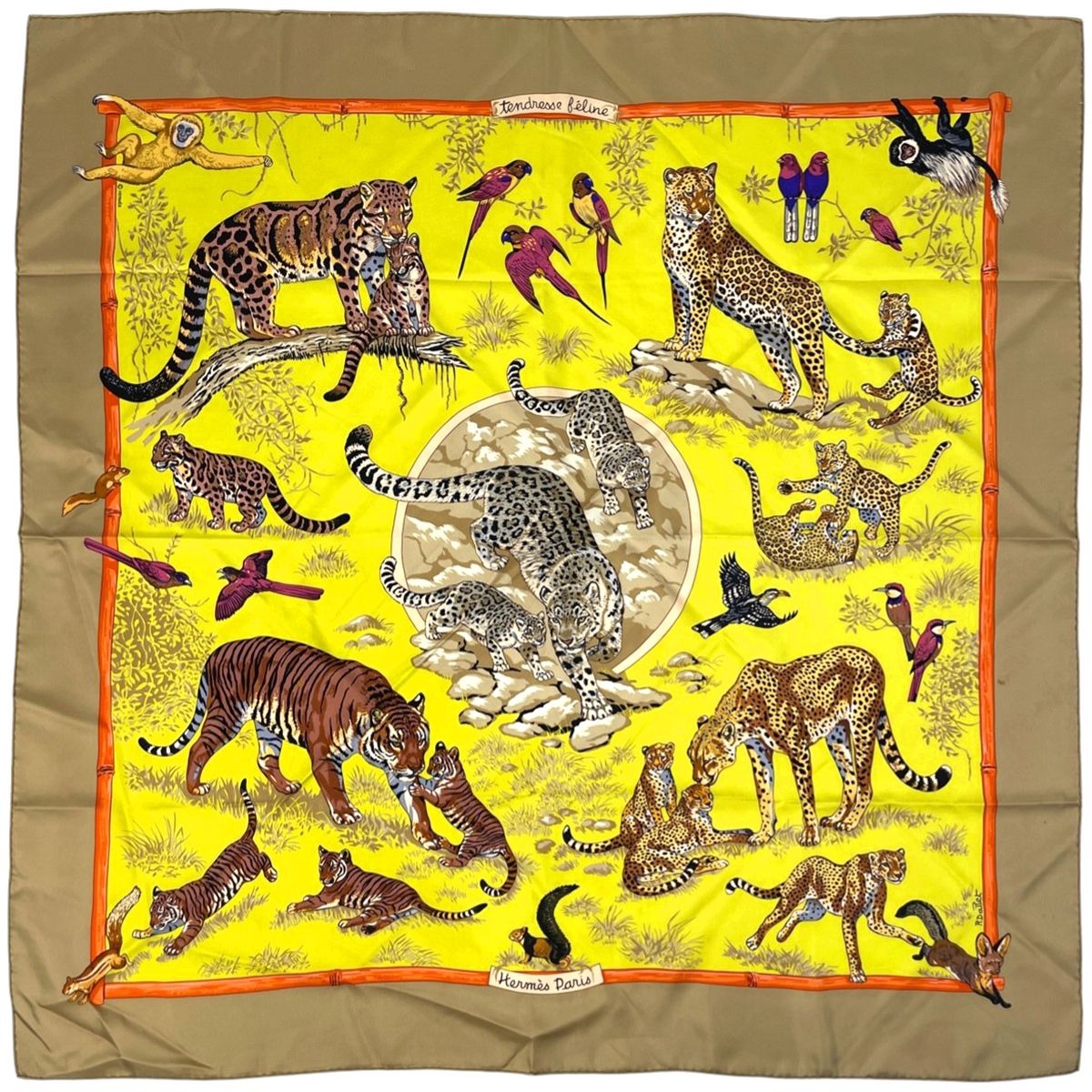 Hermes Carre 90 Tendresse Feline Wild Kindness Scarf Silk Brown Yellow