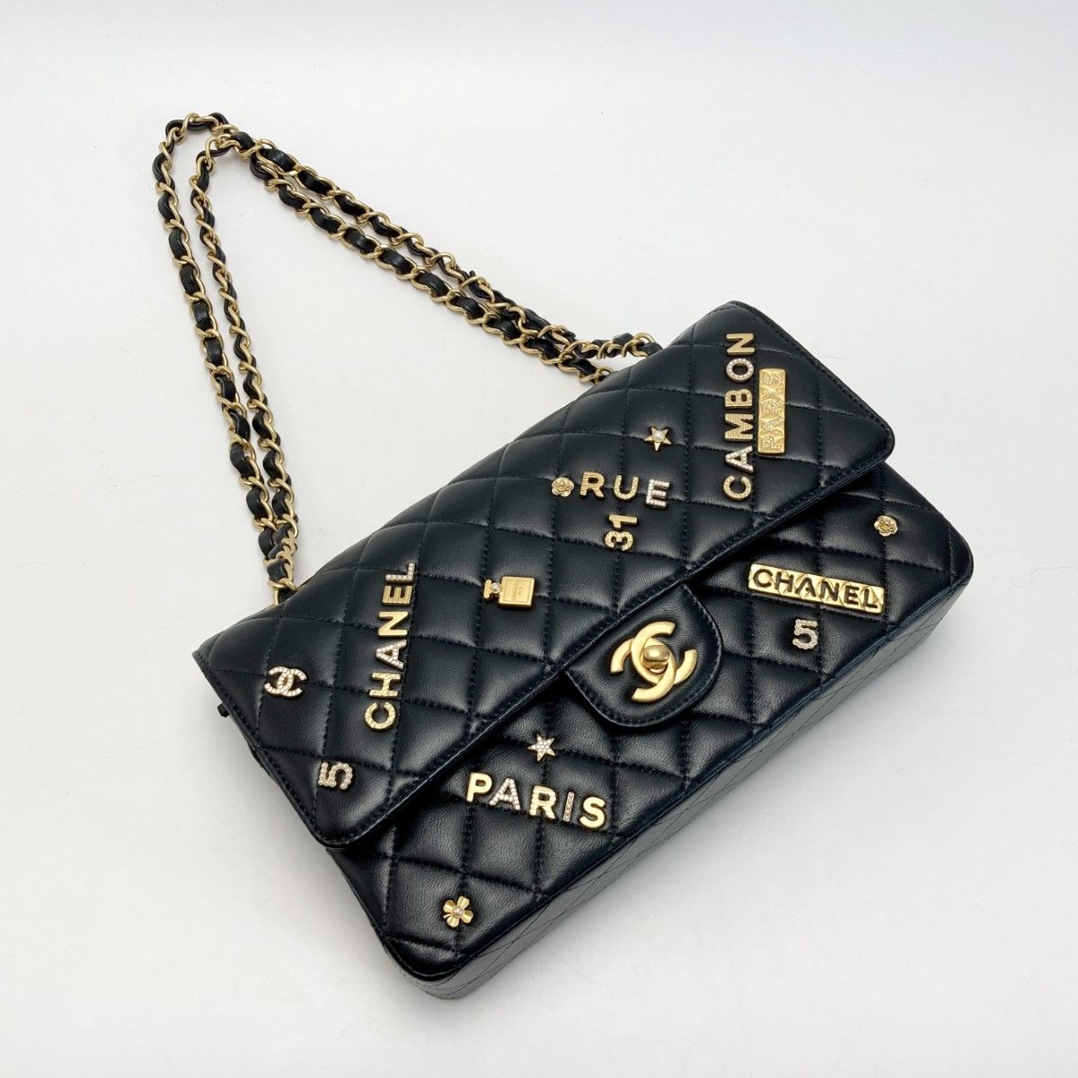 Chanel Matelasse W Flap Icon Charm Chain Shoulder Bag A01112 Black Lambskin